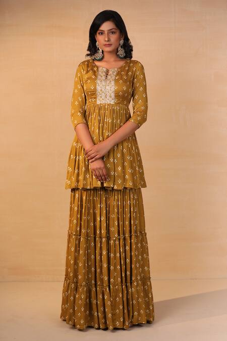 Shop_Esha Koul_Yellow Modal Satin Notched Printed Kurta Set _Online_at_Aza_Fashions