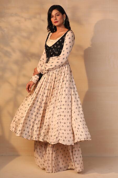 Esha Koul_White Modal Satin Boat Printed Anarkali And Jacket Set_Online_at_Aza_Fashions