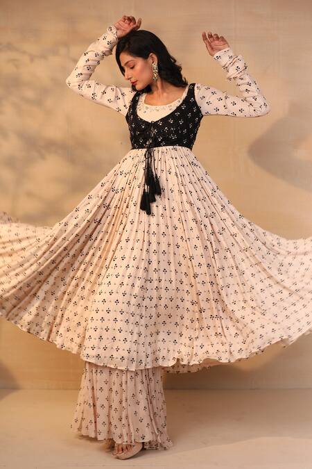 Shop_Esha Koul_White Modal Satin Boat Printed Anarkali And Jacket Set_Online_at_Aza_Fashions