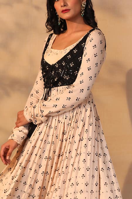 Esha Koul_White Modal Satin Boat Printed Anarkali And Jacket Set_at_Aza_Fashions