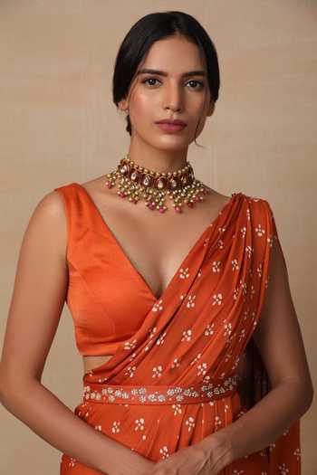 Esha Koul_Orange Embroidered Floral Belt_Online_at_Aza_Fashions