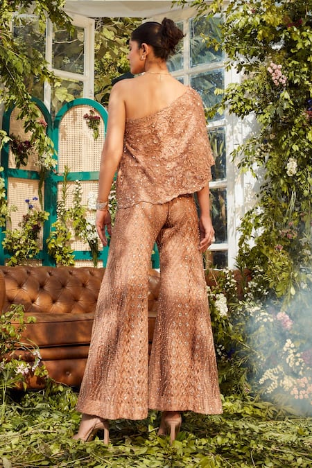 Shop Rococo Brown Net Bead Work, Cutdana Work, Sequins Eka Embroidered Cape And Sharara Set at Aza Fashions Shop_Rococo_Brown Net Bead Work, Cutdana Work, Sequins Eka Embroidered Cape And Sharara Set _at_Aza_Fashions