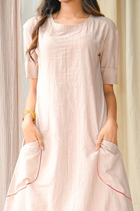 Buy_Vaani Beswal_Beige Handwoven Cotton Round Neck Ekaja Tunic And Pant Set _Online_at_Aza_Fashions