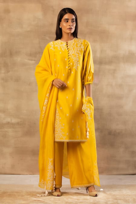 Sana Barreja Yellow Chanderi Silk Round Kurta Palazzo Set 
