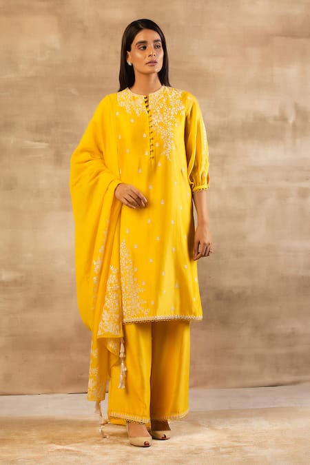 Shop Sana Barreja Yellow Chanderi Silk Round Kurta Palazzo Set at Aza Fashions Shop_Sana Barreja_Yellow Chanderi Silk Round Kurta Palazzo Set _at_Aza_Fashions