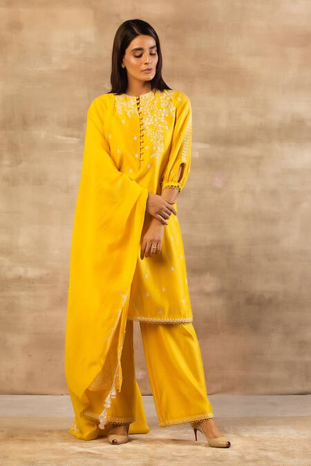 Sana Barreja Yellow Chanderi Silk Round Kurta Palazzo Set Online at Aza Fashions Sana Barreja_Yellow Chanderi Silk Round Kurta Palazzo Set _Online_at_Aza_Fashions