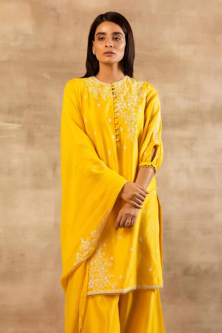 Buy Sana Barreja Yellow Chanderi Silk Round Kurta Palazzo Set Online at Aza Fashions Buy_Sana Barreja_Yellow Chanderi Silk Round Kurta Palazzo Set _Online_at_Aza_Fashions