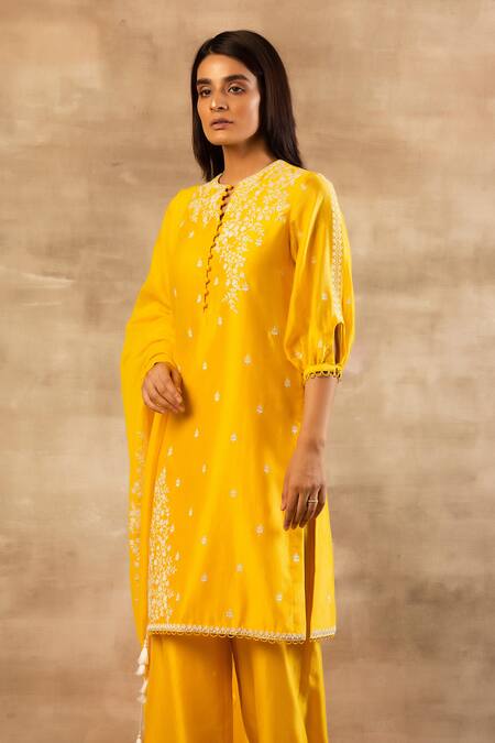 Shop Sana Barreja Yellow Chanderi Silk Round Kurta Palazzo Set Online at Aza Fashions Shop_Sana Barreja_Yellow Chanderi Silk Round Kurta Palazzo Set _Online_at_Aza_Fashions