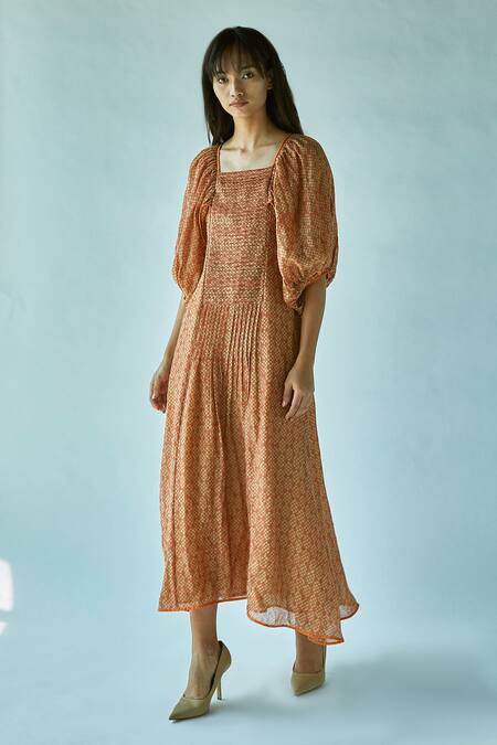 Ek Katha Orange Silk Cotton Chanderi Square Neck Printed Dress  