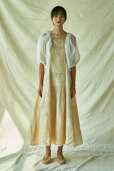 EK Katha_Beige Handloom Tussar, Silk Chanderi Square Neck Dress_Online_at_Aza_Fashions