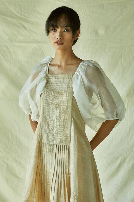 Buy_EK Katha_Beige Handloom Tussar, Silk Chanderi Square Neck Dress_Online_at_Aza_Fashions