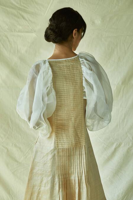 Shop_EK Katha_Beige Handloom Tussar, Silk Chanderi Square Neck Dress_Online_at_Aza_Fashions