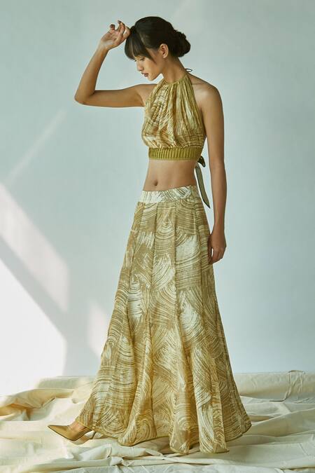 EK Katha_Green Pure Organza, Cotton Chanderi Mermaid Skirt_Online_at_Aza_Fashions