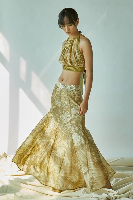 Buy_EK Katha_Green Pure Organza, Cotton Chanderi Mermaid Skirt_Online_at_Aza_Fashions
