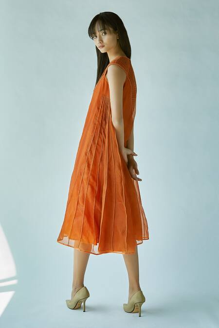 Shop_EK Katha_Orange Pure Organza, Cotton Chanderi V Neck Dress_at_Aza_Fashions