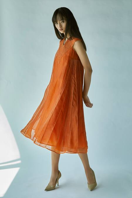Buy_EK Katha_Orange Pure Organza, Cotton Chanderi V Neck Dress_Online_at_Aza_Fashions