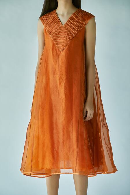 Shop_EK Katha_Orange Pure Organza, Cotton Chanderi V Neck Dress_Online_at_Aza_Fashions