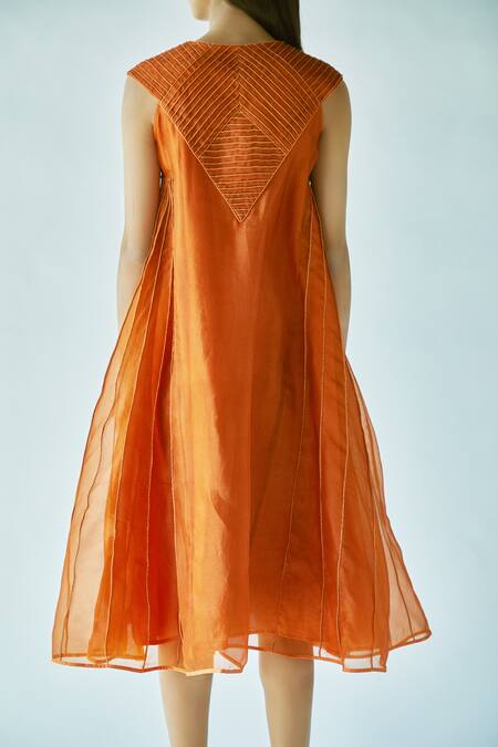 EK Katha_Orange Pure Organza, Cotton Chanderi V Neck Dress_at_Aza_Fashions