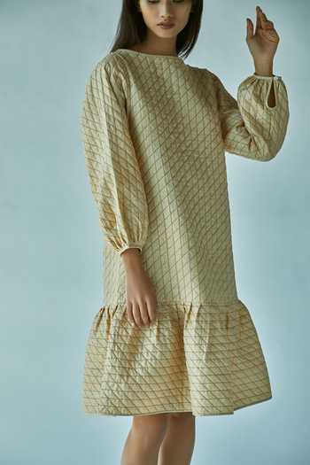 Shop_EK Katha_Beige Silk Cotton Chanderi Straight Quilted Dress_Online_at_Aza_Fashions