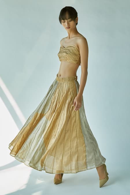 EK Katha_Gold Silk Cotton , Tissue Sweetheart Neck Colorblock Skirt Set_Online_at_Aza_Fashions