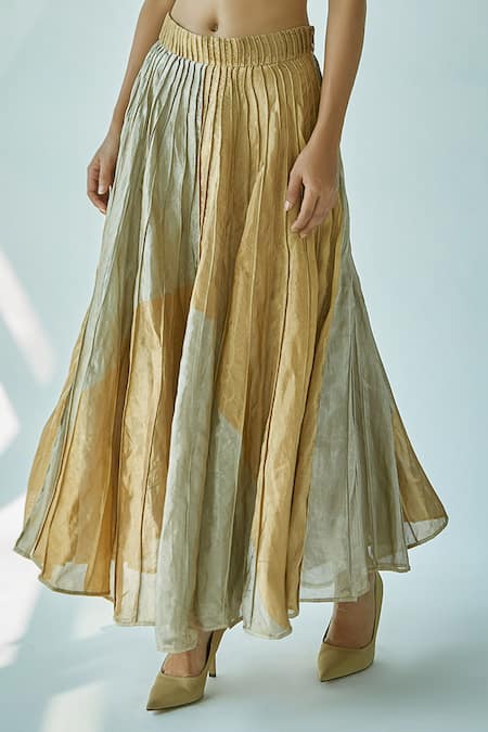 Buy_EK Katha_Gold Silk Cotton , Tissue Sweetheart Neck Colorblock Skirt Set_Online_at_Aza_Fashions