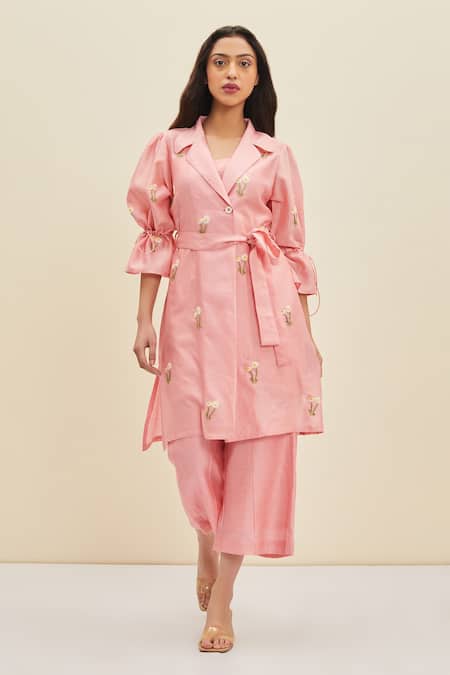 Meadow - Pink Silk Embroidered Floral Notched Collar Ellery Coat Dress For  Women