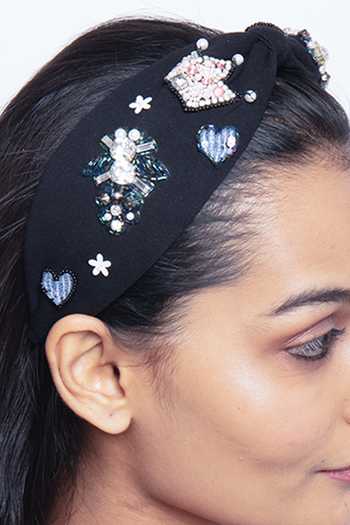 Elaa_Black Embroidered Hairband_Online_at_Aza_Fashions