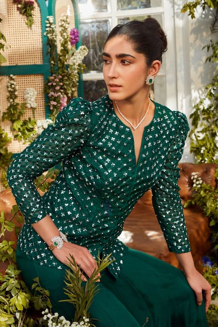 Rococo Green Organza Bead Work, Sequins Round Ela Embroidered Jacket And Sharara Set