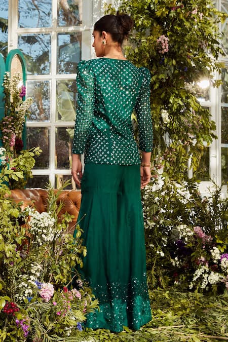 Shop Rococo Green Organza Bead Work, Sequins Round Ela Embroidered Jacket And Sharara Set at Aza Fashions Shop_Rococo_Green Organza Bead Work, Sequins Round Ela Embroidered Jacket And Sharara Set _at_Aza_Fashions