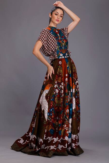 Alpona Designs By Soham Acharya Multi Color Lehenga- Viscose Dupion, Top- Cotton Silk Bird, Printed And Crop Set Online at Aza Fashions Alpona Designs By Soham Acharya_Multi Color Lehenga- Viscose Dupion, Top- Cotton Silk Bird, Printed And Crop Set _Online_at_Aza_Fashions