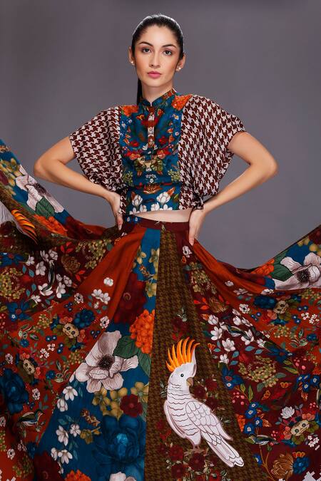 Shop Alpona Designs By Soham Acharya Multi Color Lehenga- Viscose Dupion, Top- Cotton Silk Bird, Printed And Crop Set Online at Aza Fashions Shop_Alpona Designs By Soham Acharya_Multi Color Lehenga- Viscose Dupion, Top- Cotton Silk Bird, Printed And Crop Set _Online_at_Aza_Fashions