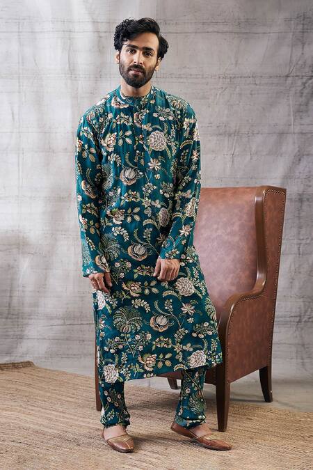 Soup By Sougat Paul Green Silk Embroidery Mehr Floral Print Kurta With Pant at Aza Fashions Soup By Sougat Paul_Green Silk Embroidery Mehr Floral Print Kurta With Pant _at_Aza_Fashions