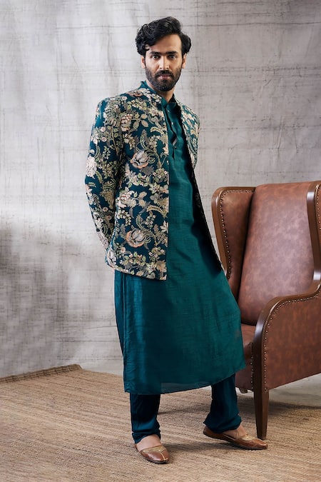 Soup By Sougat Paul Green Silk Embroidery Mehr Floral Print Jacket And Kurta Set Online at Aza Fashions Soup By Sougat Paul_Green Silk Embroidery Mehr Floral Print Jacket And Kurta Set _Online_at_Aza_Fashions