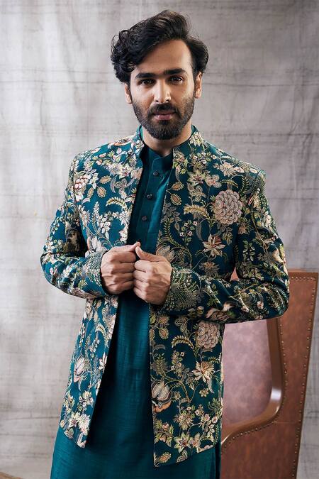 Shop Soup By Sougat Paul Green Silk Embroidery Mehr Floral Print Jacket And Kurta Set Online at Aza Fashions Shop_Soup By Sougat Paul_Green Silk Embroidery Mehr Floral Print Jacket And Kurta Set _Online_at_Aza_Fashions