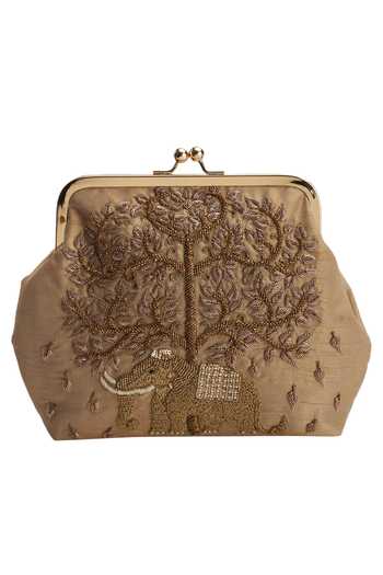 The Purple Sack_Beige Embroidery Raw Silk Clutch With Sling _Online_at_Aza_Fashions