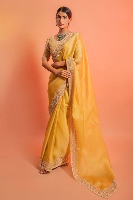 Rouje Yellow Satin Organza Handcrafted Embroidered Saree With Blouse