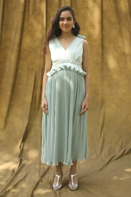 Buy_Bump Loving_Green Georgette, Satin Bead , Stone V Neck Peplum Style Dress_Online_at_Aza_Fashions
