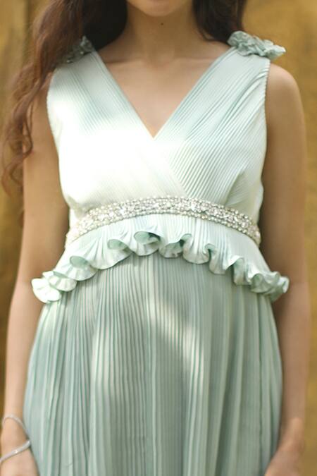 Bump Loving_Green Georgette, Satin Bead , Stone V Neck Peplum Style Dress_at_Aza_Fashions
