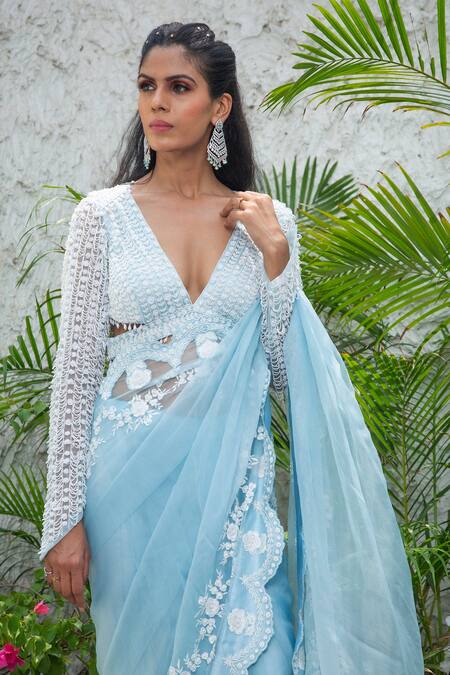 Kanj By Priyanka A Sakhuja Blue Silk Organza Sequin, Thread And Bead Work Plunge V Ella Saree With Blouse Online at Aza Fashions Kanj By Priyanka A Sakhuja_Blue Silk Organza Sequin, Thread And Bead Work Plunge V Ella Saree With Blouse _Online_at_Aza_Fashions