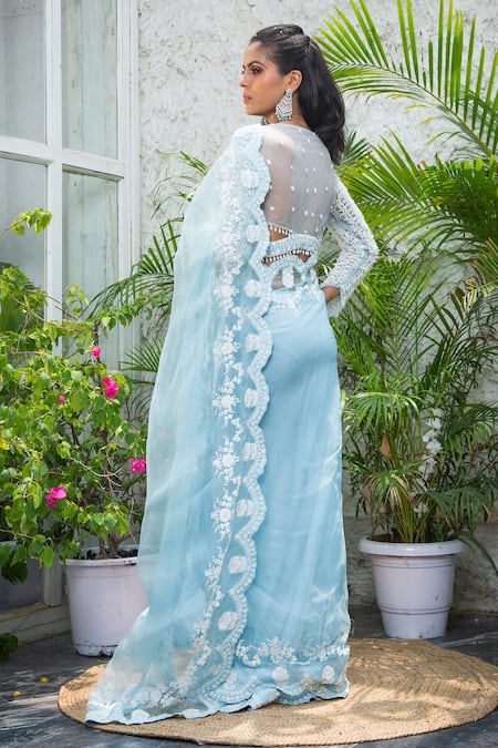 Shop Kanj By Priyanka A Sakhuja Blue Silk Organza Sequin, Thread And Bead Work Plunge V Ella Saree With Blouse at Aza Fashions Shop_Kanj By Priyanka A Sakhuja_Blue Silk Organza Sequin, Thread And Bead Work Plunge V Ella Saree With Blouse _at_Aza_Fashions