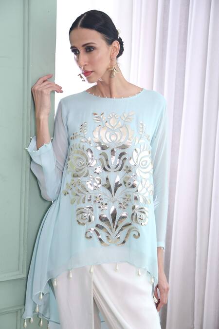 Buy_Seams Pret And Couture_Blue Georgette, Grand Satin Bead Work, Patch Ella Asymmetric Kurta And Pant Set _Online_at_Aza_Fashions