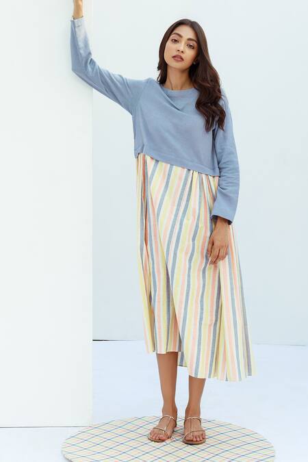 Buy_Nesolo_Blue , Pure Round Striped Midi Flared Dress_Online_at_Aza_Fashions