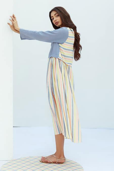 Shop_Nesolo_Blue , Pure Round Striped Midi Flared Dress_Online_at_Aza_Fashions