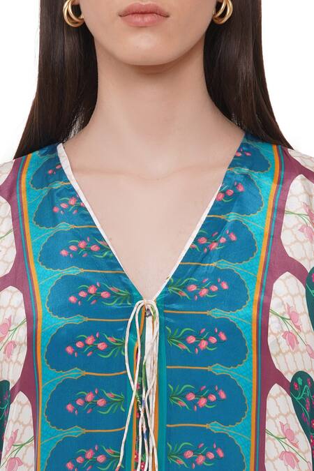 Limerick By Abirr N' Nanki_Off White Organza Floral V Neck Ellison Printed Cape _at_Aza_Fashions