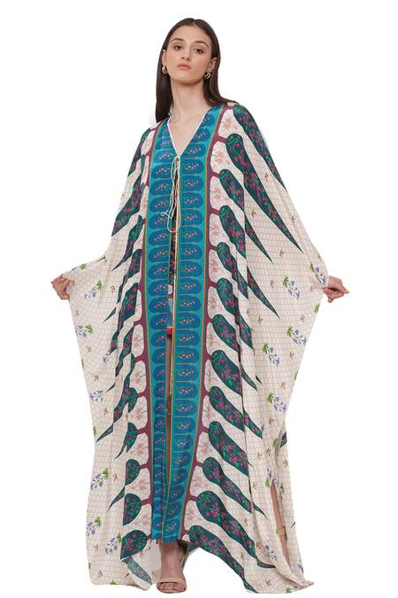 Limerick By Abirr N' Nanki_Off White Organza Floral V Neck Ellison Printed Cape _Online_at_Aza_Fashions