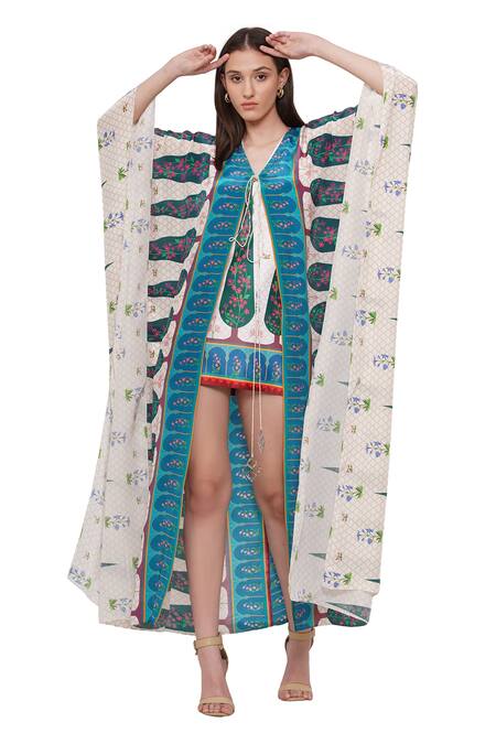 Buy_Limerick By Abirr N' Nanki_Off White Organza Floral V Neck Ellison Printed Cape _Online_at_Aza_Fashions