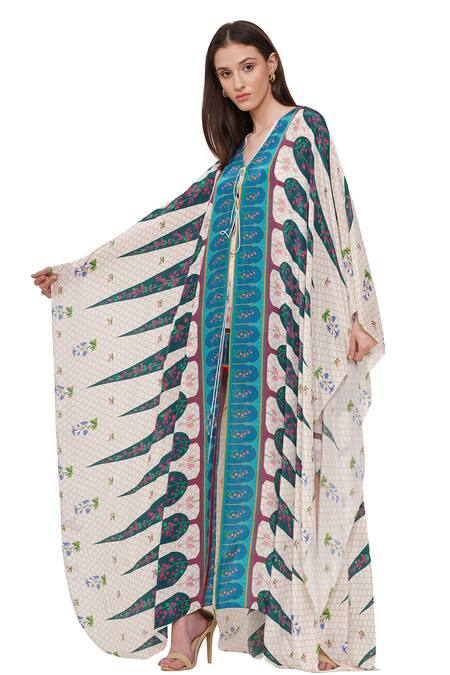 Shop_Limerick By Abirr N' Nanki_Off White Organza Floral V Neck Ellison Printed Cape _Online_at_Aza_Fashions