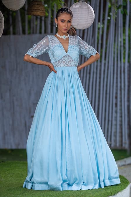 Kanj By Priyanka A Sakhuja Blue Silk Tabby Sequin Andthread Work Plunge V Neck Ellr Pleated Embroidered Gown Online at Aza Fashions Kanj By Priyanka A Sakhuja_Blue Silk Tabby Sequin Andthread Work Plunge V Neck Ellr Pleated Embroidered Gown _Online_at_Aza_Fashions
