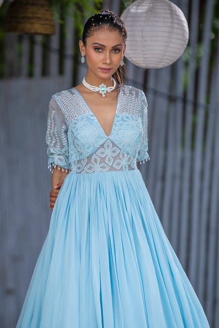 Shop Kanj By Priyanka A Sakhuja Blue Silk Tabby Sequin Andthread Work Plunge V Neck Ellr Pleated Embroidered Gown Online at Aza Fashions Shop_Kanj By Priyanka A Sakhuja_Blue Silk Tabby Sequin Andthread Work Plunge V Neck Ellr Pleated Embroidered Gown _Online_at_Aza_Fashions