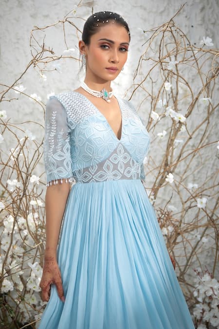 Kanj By Priyanka A Sakhuja Blue Silk Tabby Sequin Andthread Work Plunge V Neck Ellr Pleated Embroidered Gown at Aza Fashions Kanj By Priyanka A Sakhuja_Blue Silk Tabby Sequin Andthread Work Plunge V Neck Ellr Pleated Embroidered Gown _at_Aza_Fashions
